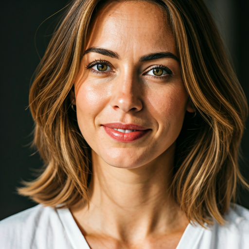 close-up portrait of a woman with a natural, confident smile in soft daylight