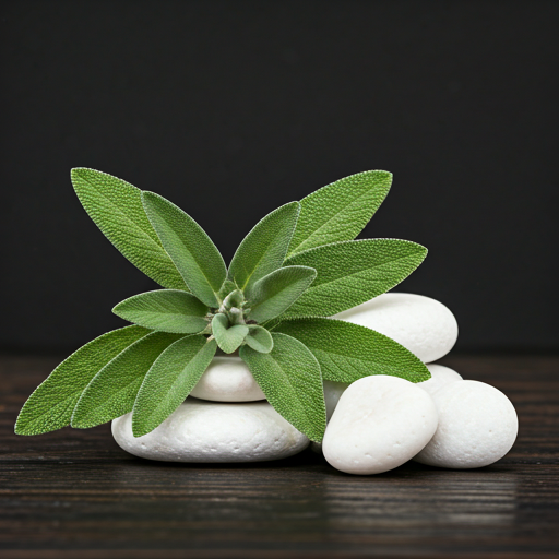 peaceful arrangement of sage leaves and smooth white stones