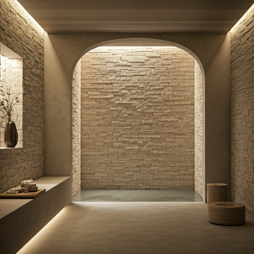 Minimalist luxury spa interior with natural stone walls and soft ambient light