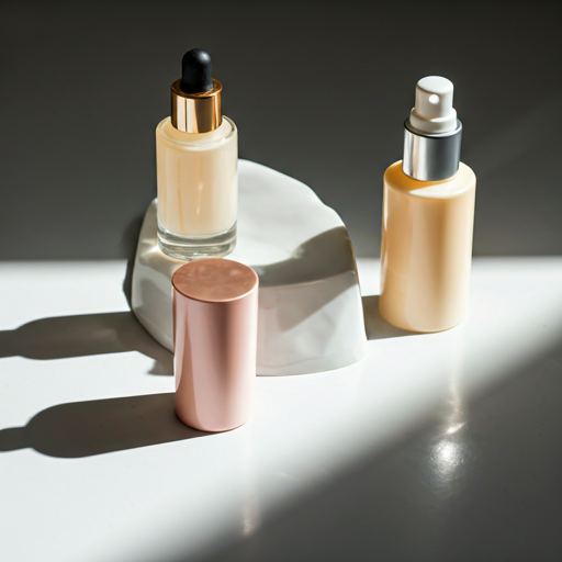 Close-up of high-end skincare bottles on a white textured surface